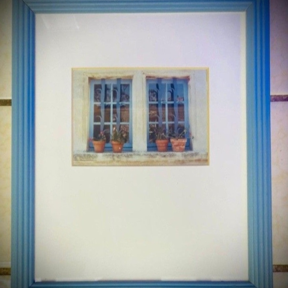 BLUE CHARMING FRAMED, WITH GLASS, WINDOW ART PRINT. SIZE: 9.5" X 11". LIKE NEW!!
